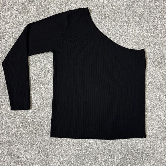 Halogen Sweater Womens Large Black One Shoulder Asymmetrical Ribbed Pullover Top - Picture 2 of 10